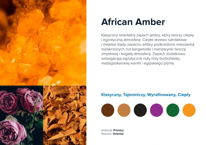 Opis zapachu African Amber: Klasyczny orientalny zapach ambry, bergamotki, madagaskarskiej wanilii i egipskiego piżma. Kolekcja Primary.